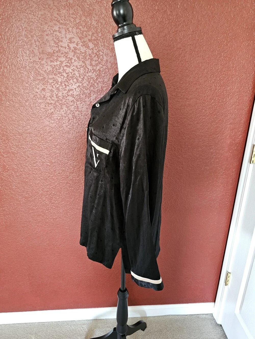 Victoria's Secret Black Satin Pajama Set with Cream Trim